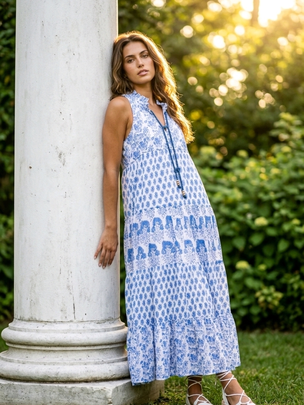 Calypso Blue & White Boho Printed Maxi Dress Sleeveless Tiered Size Small - Picture 5 of 14